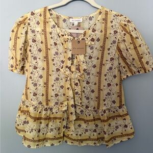 Blu Pepper Yellow Floral Tie-Front Peplum Blouse